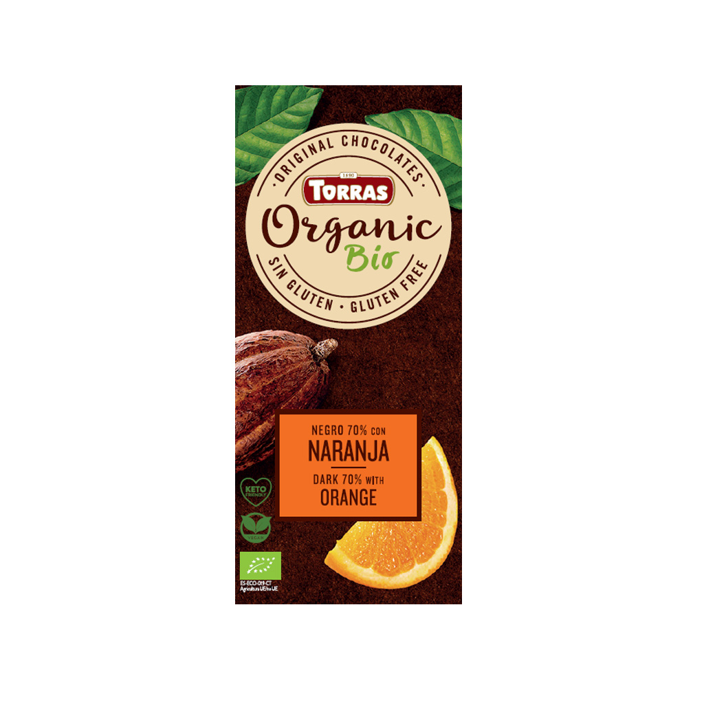 Torras mørk chokolade 70% med appelsin. Glutenfri. Økologisk
